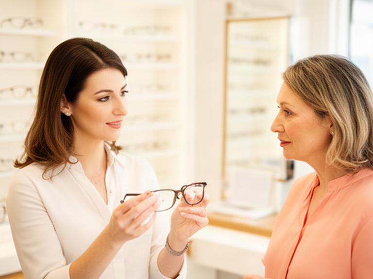 Optikerin berät eine Kundin bei der Auswahl von Brillengläsern im hellen Fachgeschäft in Sierre