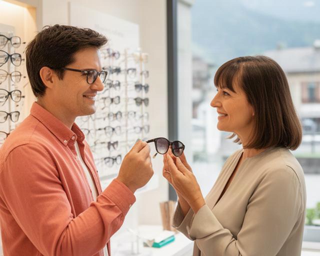 Beratung zu Sonnenbrillen und Brillen in einem hellen Optikgeschäft in Sierre