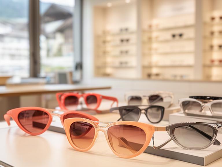 Moderne Sonnenbrillen auf einem Beratungstisch in einem hellen Optikgeschäft in Sierre