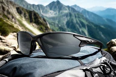 Sportliche Oakley-Sonnenbrillen auf einem Outdoor-Rucksack vor alpiner Landschaft